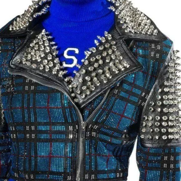 Callie Berry Bling: Teal Plaid Rhinestone Silver Studded Black Moto Jacket - Picture 1 of 12